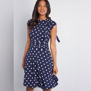 ModCloth Navy Blue White Polka Dot Dress Size L Tie Neck Bow Accent Retro Sailor